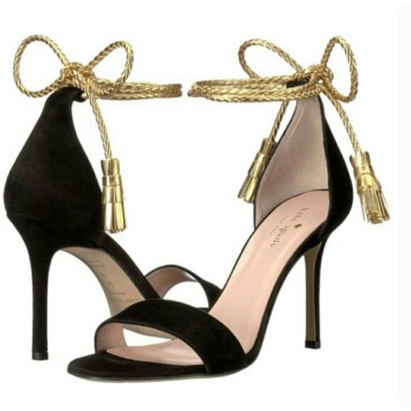 Kate Spade Inez Heels 9.5 Black Suede Sandals Ankle Wrap Gold Braid Bow Glam - Picture 1 of 10
